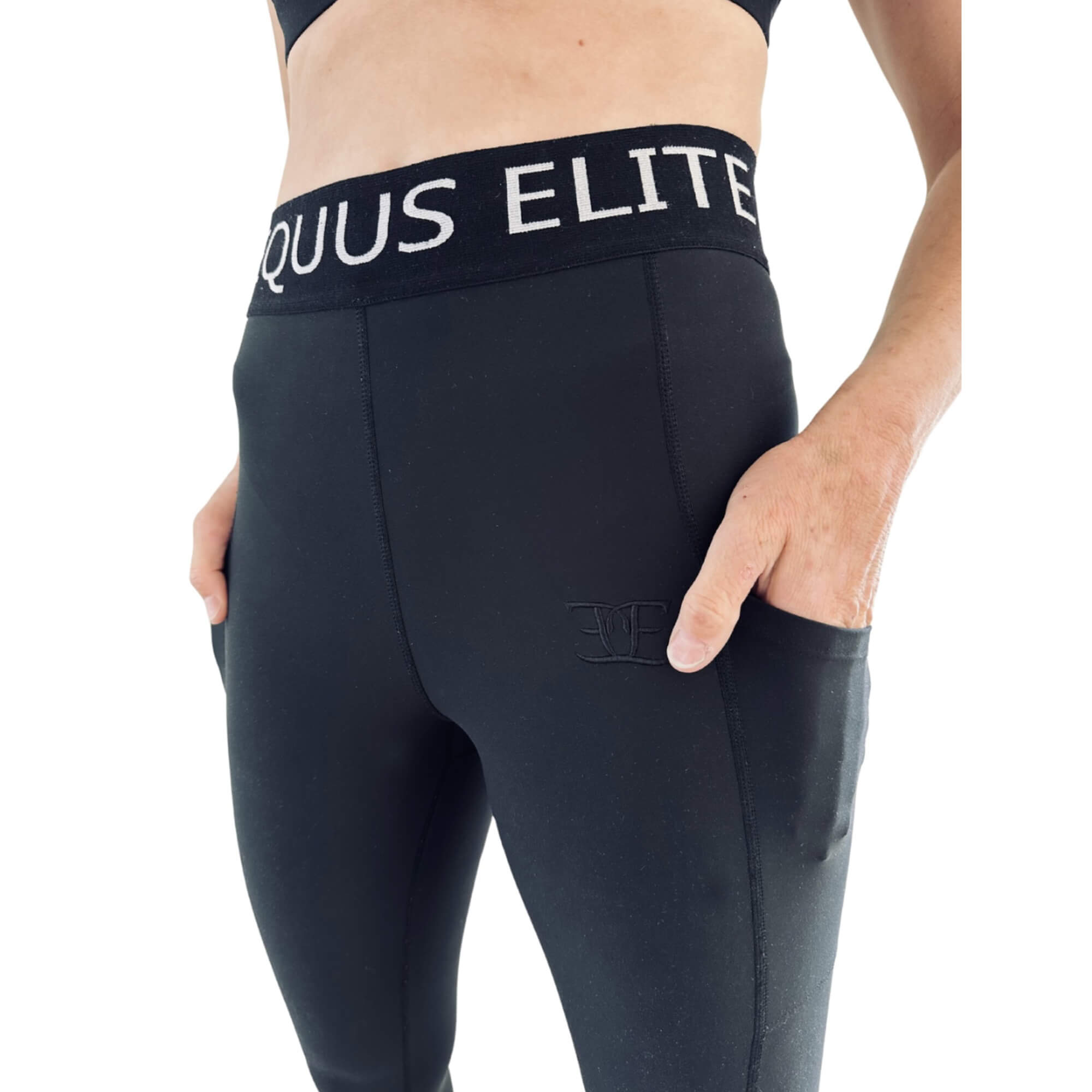 Black athletic leggings with QUUS ELITE waistband, perfect for Equus Elite gym workouts