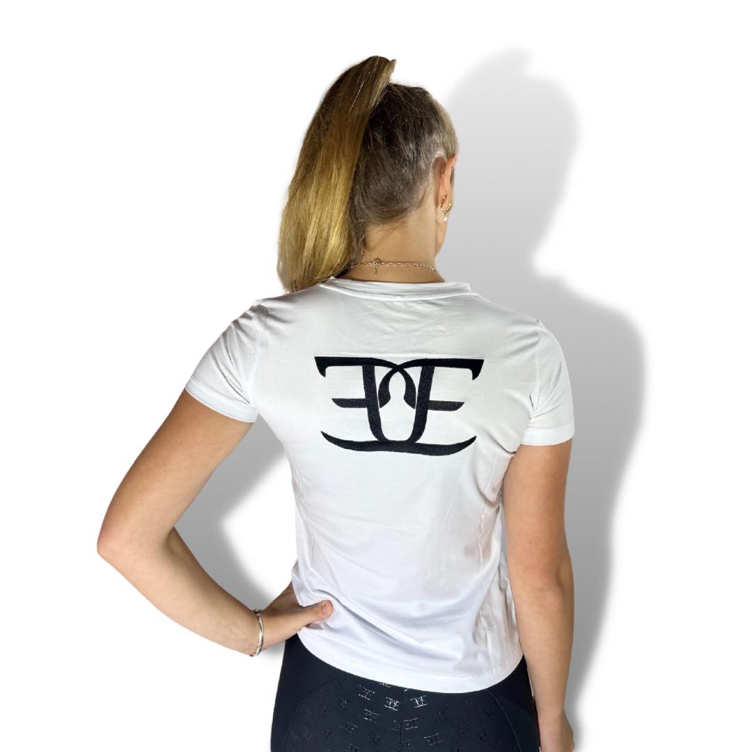 Blonde person wearing a White Casual Tee with a black logo on the back