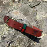 Red leather Hyde belt with green and red stripes and gold buckle ideal for breeches
