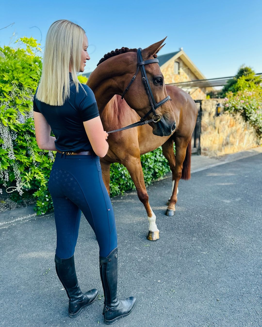 Brown horse with riding tack beside person in Classic Navy XT Breeches and equestrian attire