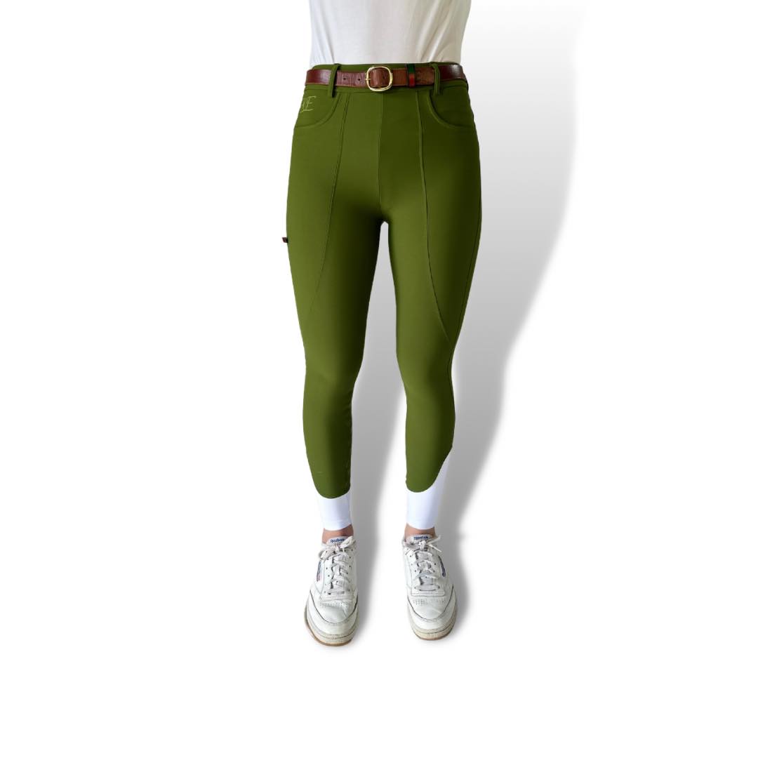 Classic Olive XT Breeches: Olive green high-waisted leggings with a stylish brown belt