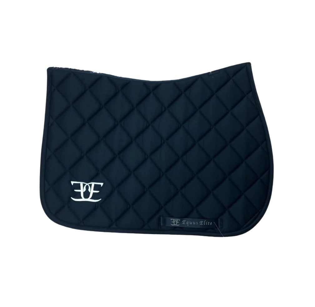 Black Equus Elite Saddle Pad with white logo, perfect for stylish riding and breeches