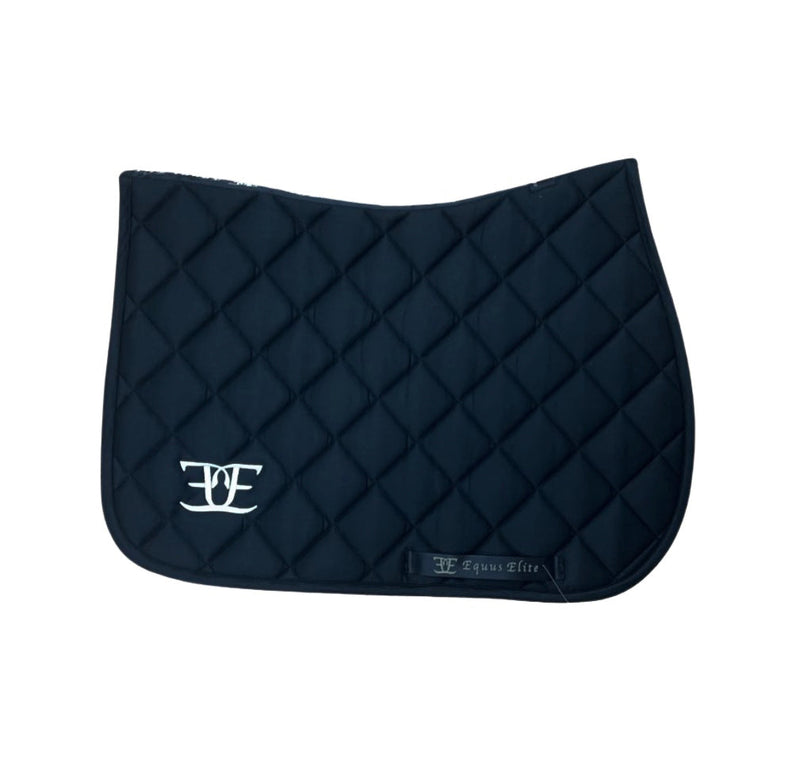 Black Equus Elite Saddle Pad with white logo, perfect for stylish riding and breeches