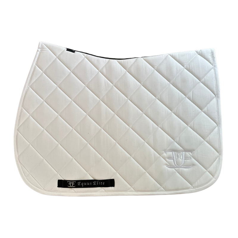 White quilted Equus Elite Saddle Pad with logo, perfect for breeches and riding tights