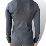 Gray long sleeve athletic shirt viewed from the back, ideal for riding tights and breeches