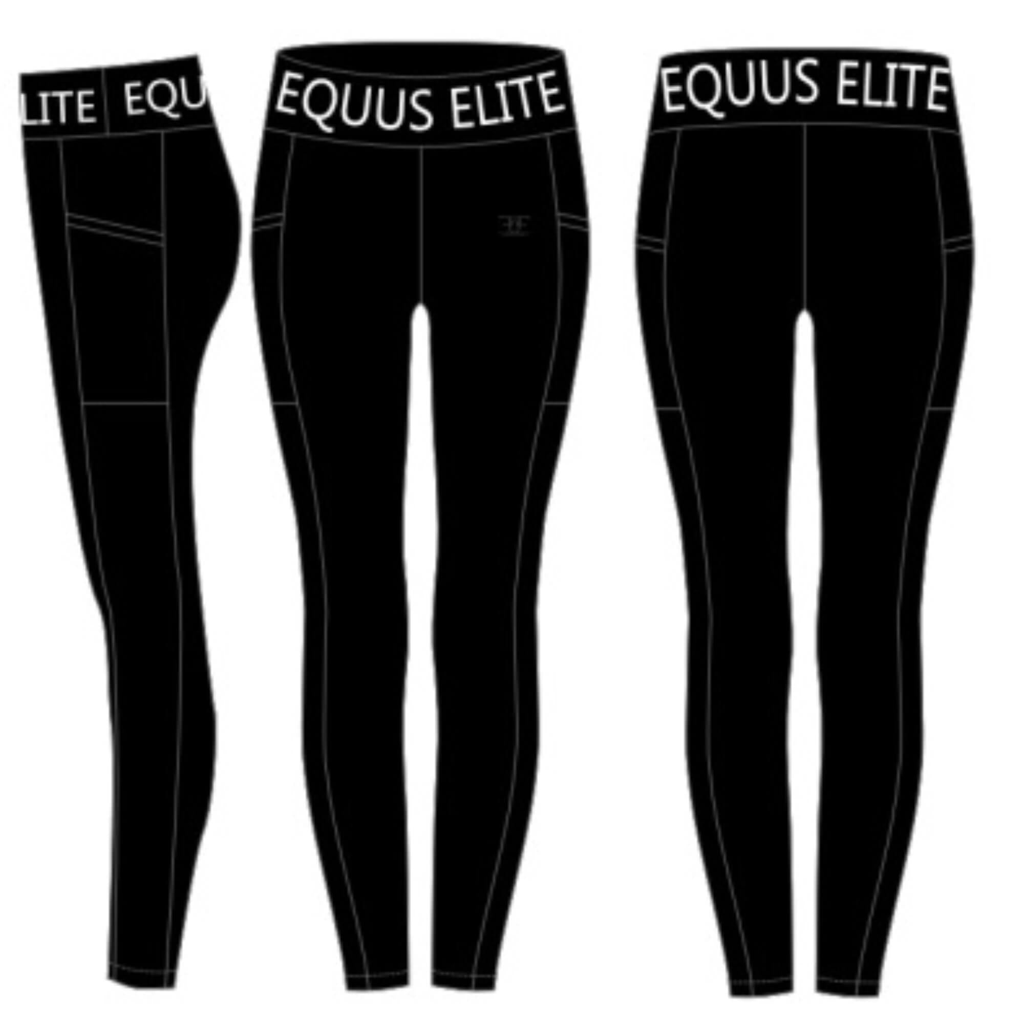 Black Equus Elite gym tights featuring ’EQUUS ELITE’ on the waistband