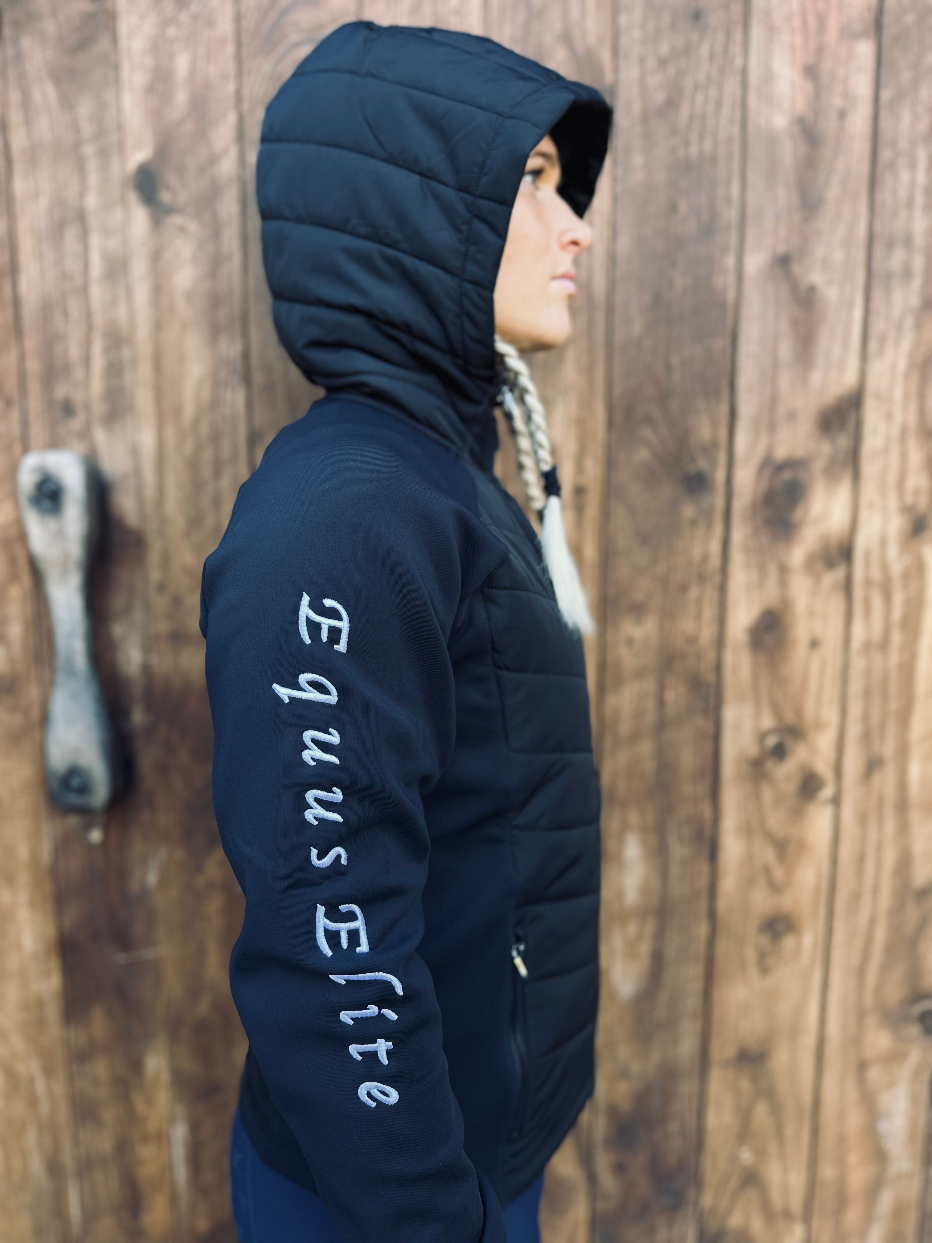 Navy blue Equus Elite Puffer Jacket with hood and text on sleeve for elite horse riding