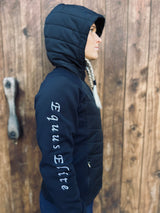 Navy blue Equus Elite Puffer Jacket with hood and text on sleeve for elite horse riding