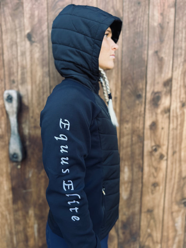 Navy blue Equus Elite Puffer Jacket with hood and text on sleeve for elite horse riding
