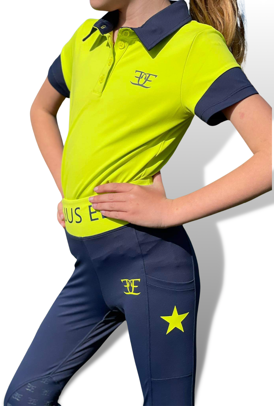 Bright yellow and navy blue Kids Matching Polo with riding tights design