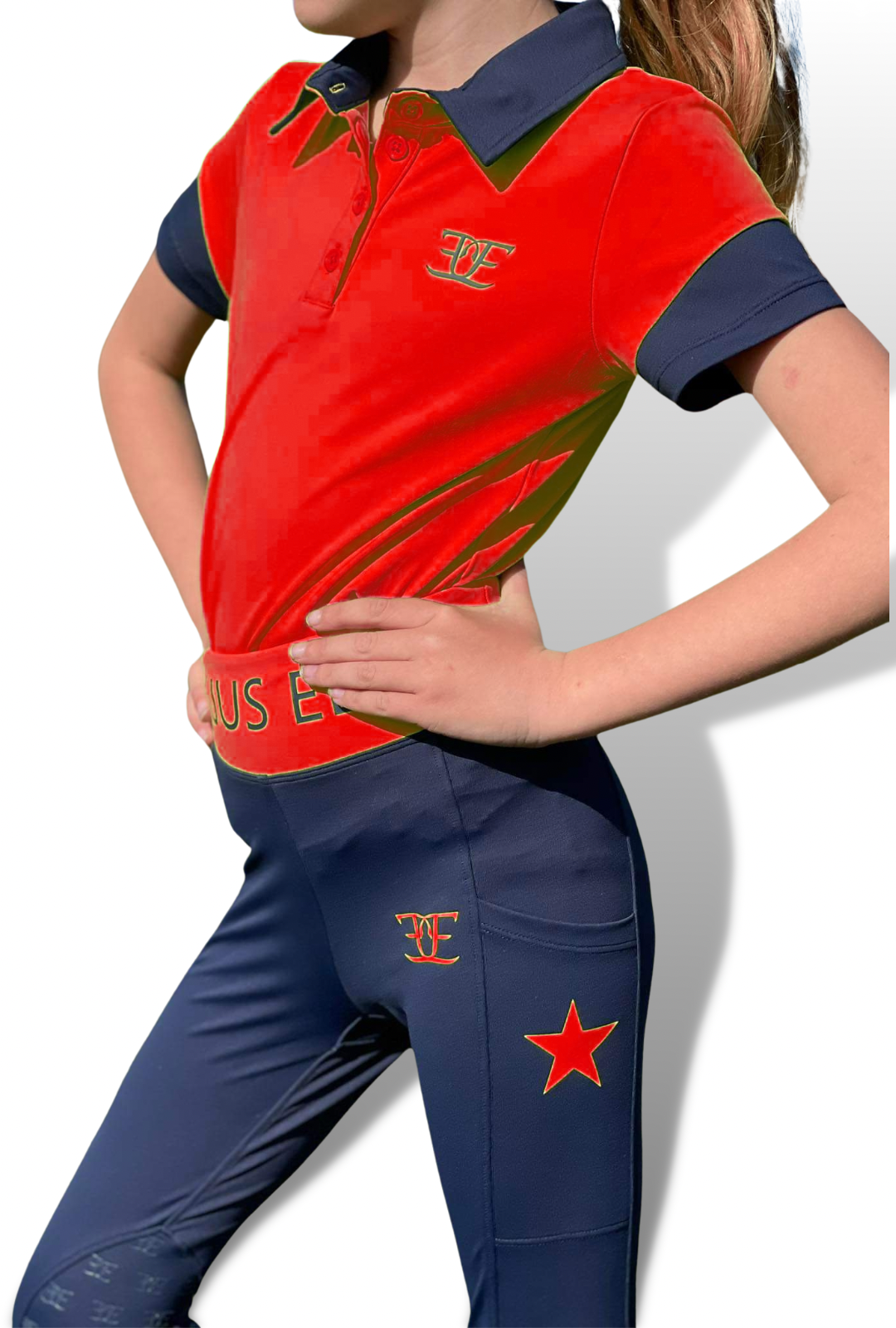 Kids Matching Polo in Red with navy blue breeches and star emblem for sporty style