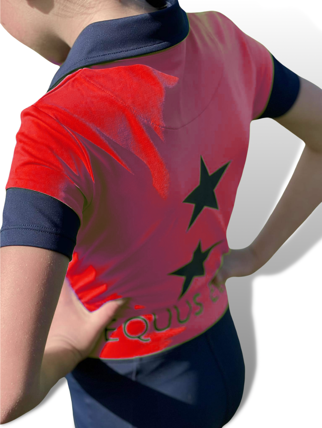Colorful Kids Matching Polo in Red with star designs, perfect for breeches or riding tights