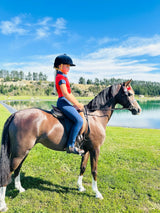 Horse and rider in red shirt and blue helmet, perfect for Kids Matching Polo