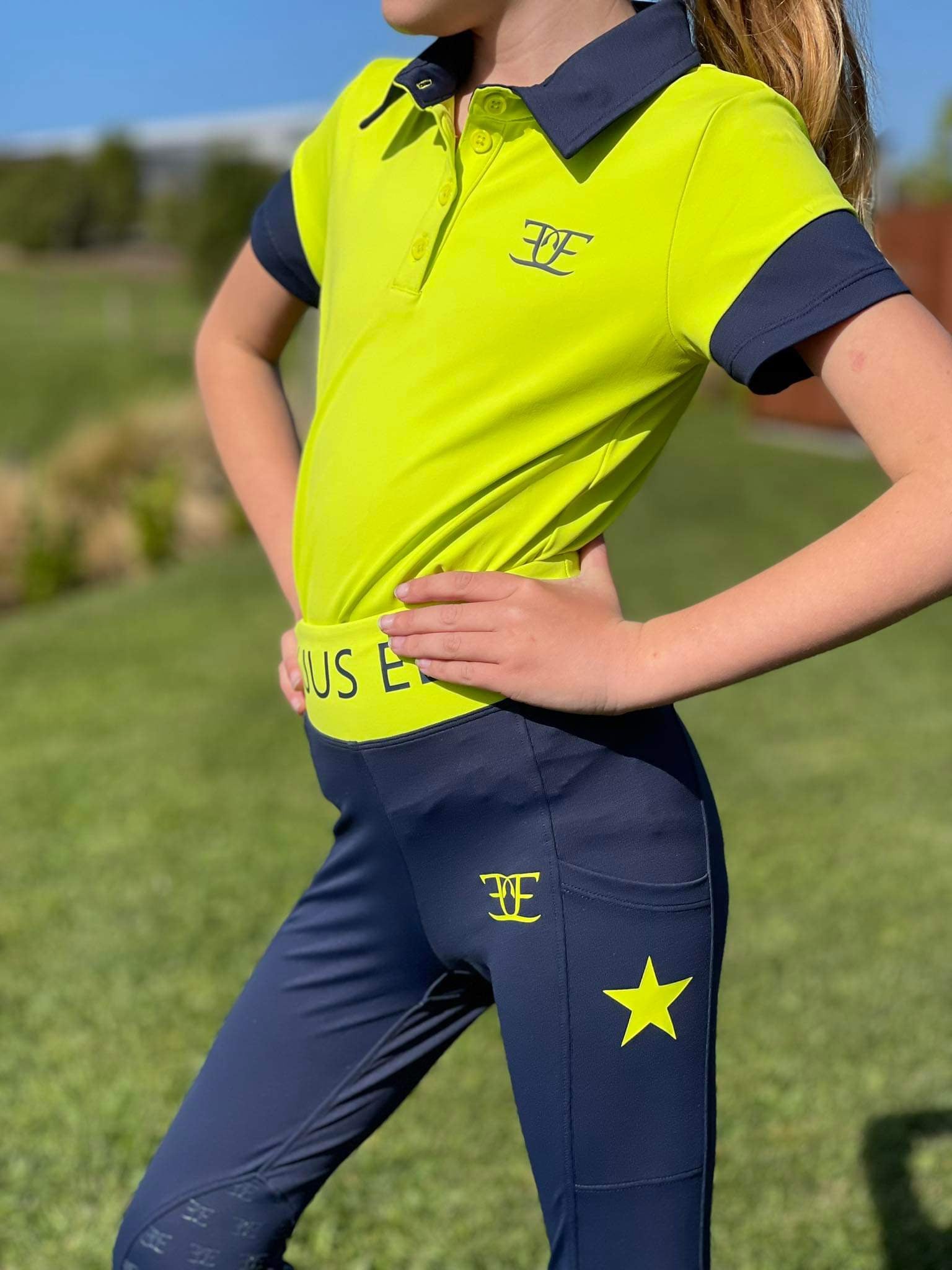 Bright yellow and navy blue Kids X Training Tights and polo shirt for active kids