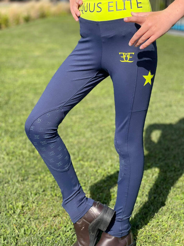 Navy blue athletic leggings with yellow JUS ELITE waistband and star logo for kids training
