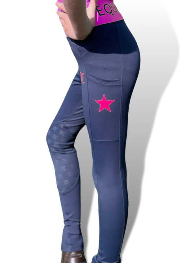 Blue Kids X Training Tights with pink star design, perfect for riding and active play