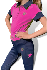 Bright pink polo shirt with navy pants and pink star design for Kids X Training Tights