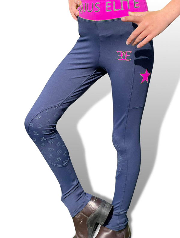 Navy blue kids riding tights with pink waistband and star design for active fun