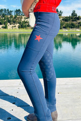 Blue Kids X Training Tights with red star design on thigh for stylish riding adventures