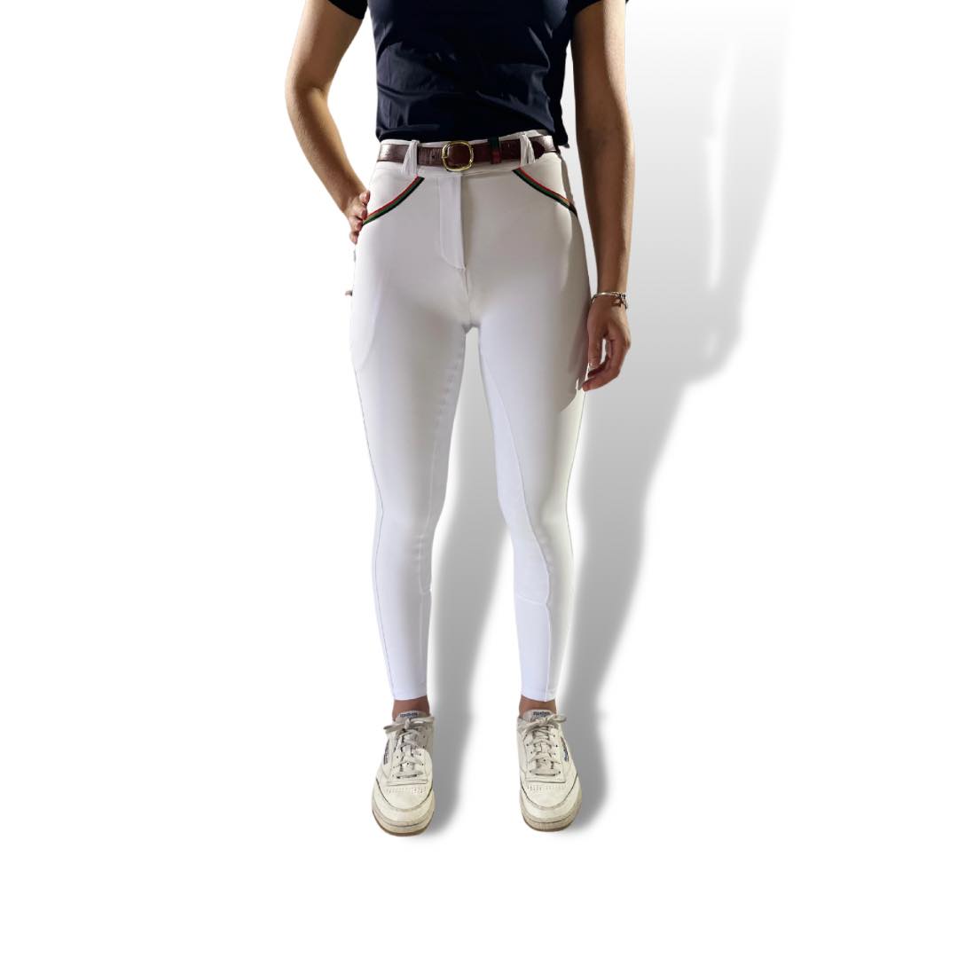 White Competition Breeches featuring a brown belt, ideal for riding tights and show shirts