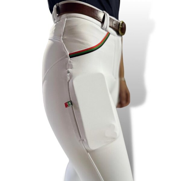 White Competition Breeches with red and green stripes and a stylish belt for riders